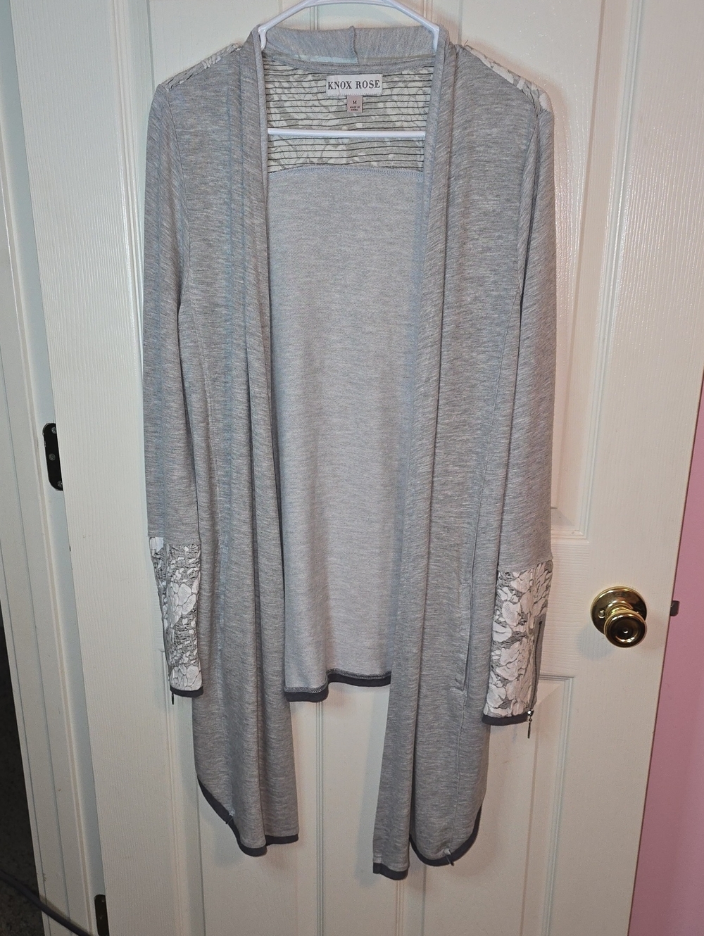Knox Rose Light Gray Open Drape Cardigan with Lace Cuff Detail